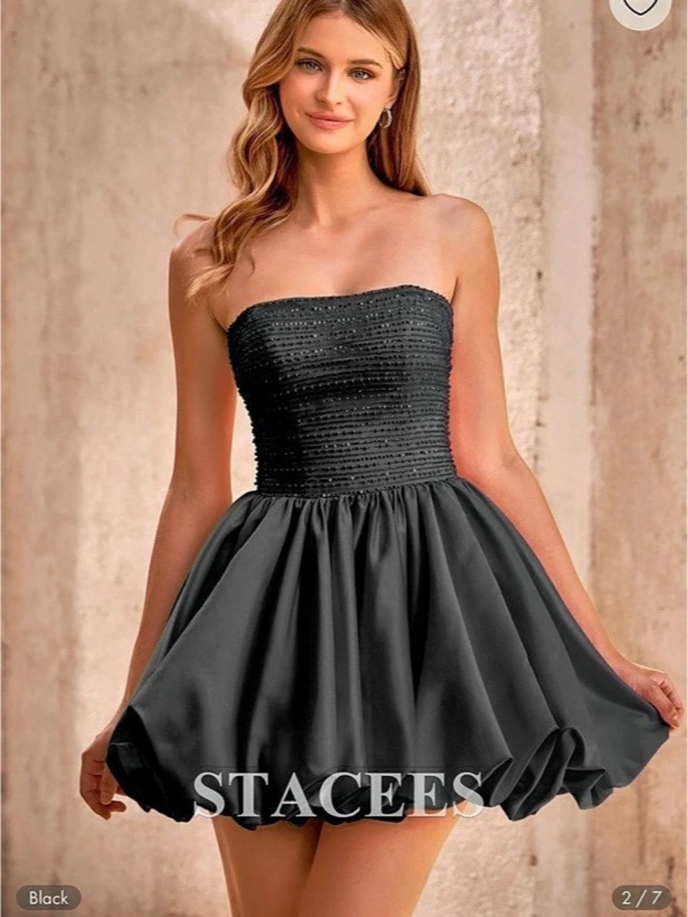 Stacees A-line Strapless Beaded Satin Bubble Hem Short Homecoming Dress Black US